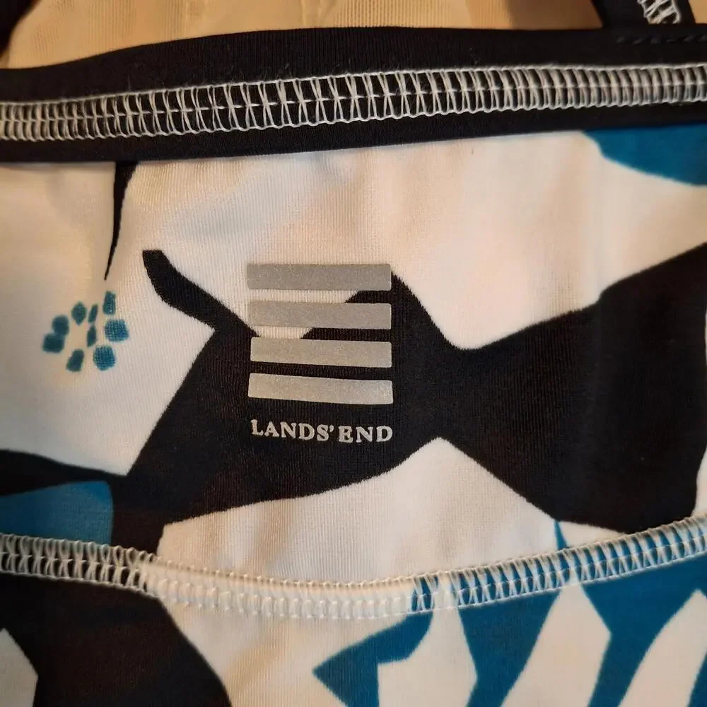 Lands' End Womens 6 Tankini Top Black Teal Floral Crisscross Strappy Back Sporty